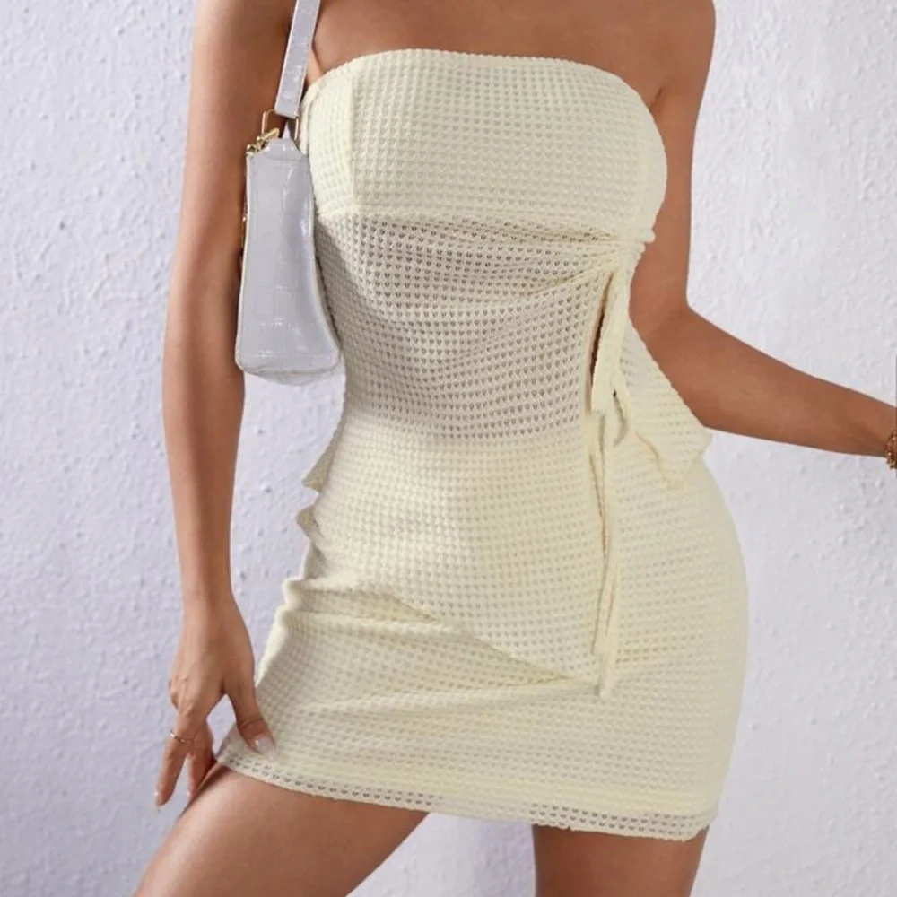 Drawstring Split Asymmetrical Hem Tube Top & Skirt Set | S | Cream/Apricot - Picture 6 of 7